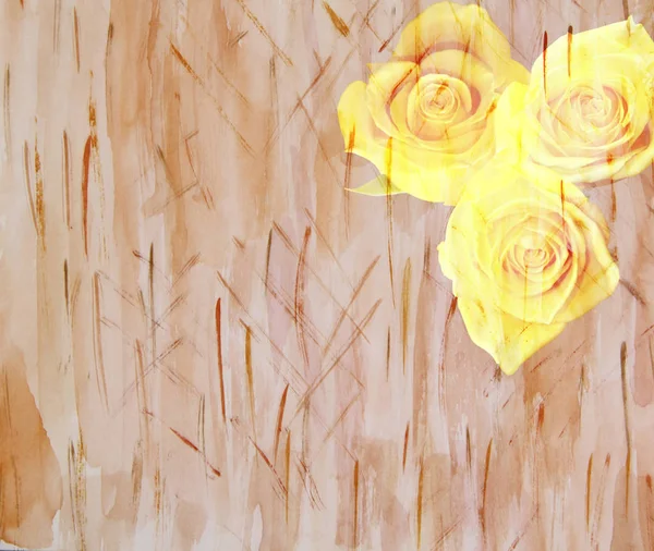 Aquarelle scénique fond de fleur avec des roses jaunes, faite avec — Photo