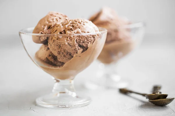 Chocolate Ice Cream Scoops Glass Cups Half Melted Tasty Refreshing — Stock Photo, Image