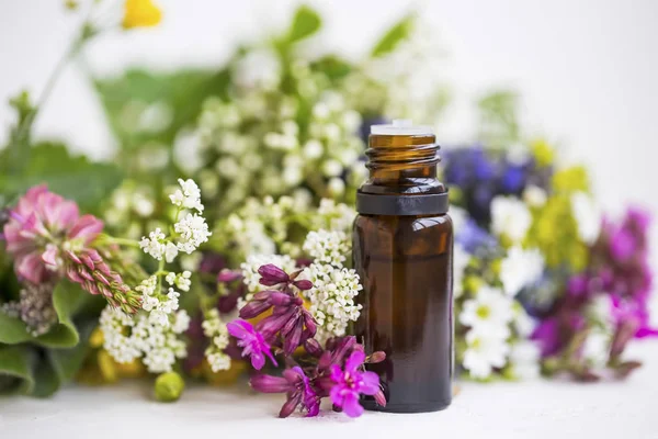 Αρωματοθεραπεία Essential Oil Μπουκάλι Κατασκευασμένο Από Φαρμακευτικά Φυτά Και Λουλούδια — Φωτογραφία Αρχείου