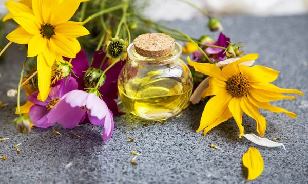 Aceite Aromaterapia Con Plantas Medicinales Hierbas Flores Botella Aceite Esencial —  Fotos de Stock