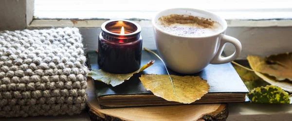Cozy Still Life Autumn Coffee Cup Old Book Scented Candle — Stock Photo, Image