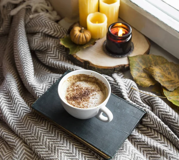 Autumn Still Life Coffee Cup Candles Cozy Fall Interior Details — Stock Photo, Image