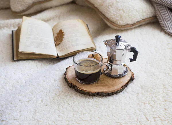 Vinter Morgon Kaffe Kopp Sängen Med Bok Mysig Vinter Livsstil — Stockfoto