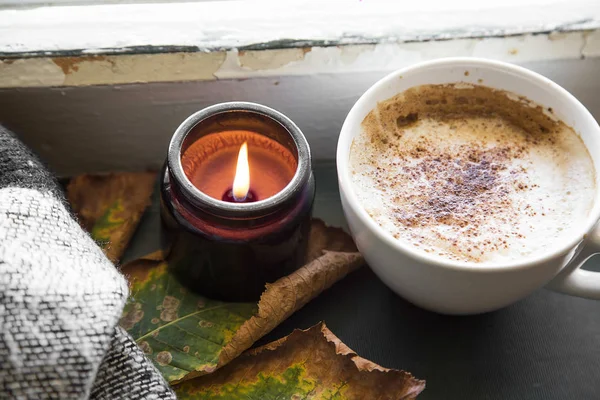 Autumn Coffee Scented Candle Window Setting Cozy Fall Interior Composition — Stock Photo, Image