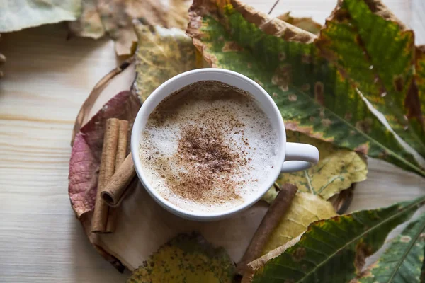 Copo Café Outono Cappuccino Com Folhas Secas Vista Superior Composição — Fotografia de Stock