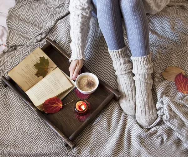 Cozy Fall Indoor Female Woolen Socks Coffee Candle Soft Cozy — Stock Photo, Image