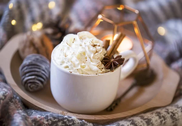 축제 아늑한 핫 초콜릿 크림과 cinnamom 담요에 f — 스톡 사진
