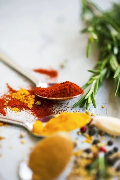 Spices Fresh Rosemary Herb Macro View Spoons Paprika Spice Turmeric — Stock Photo, Image