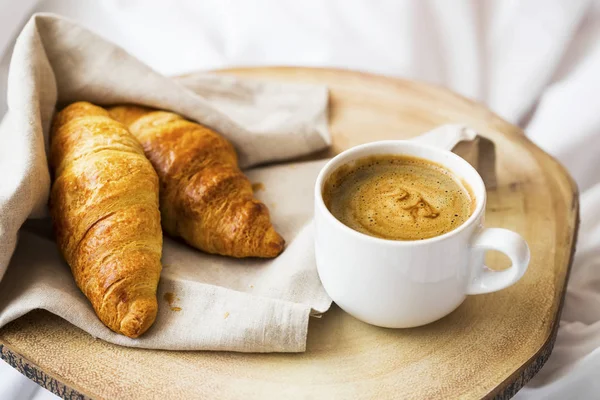 Coffee Cup Cappuccino Cream Tasty Baked Croissants Morning Breafast Croissants — Stock Photo, Image