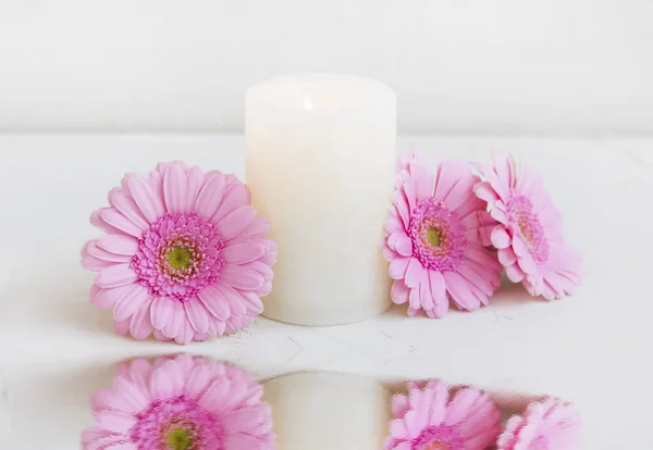 Spa Candle Flowers Water Reflection Spa Still Life Setting Wellness — Stockfoto