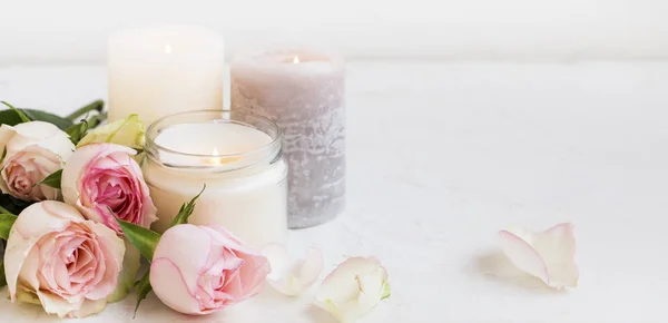 Spa Still Life Candles Roses Clean Composition Spa Setting Roses — Stockfoto