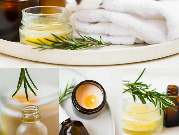 Wellness Collage Mit Rosmarinkraut Und Ätherischem Kerze Baumwolltuch Und Balsam — Stockfoto