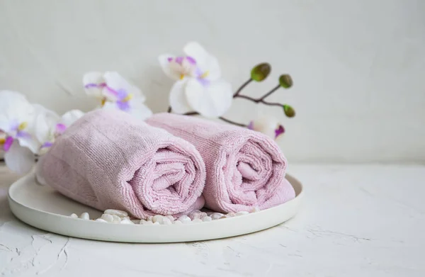 Spa Still Life Setting Orchid Flower Towels Bath Salt Wellness — Stock Photo, Image