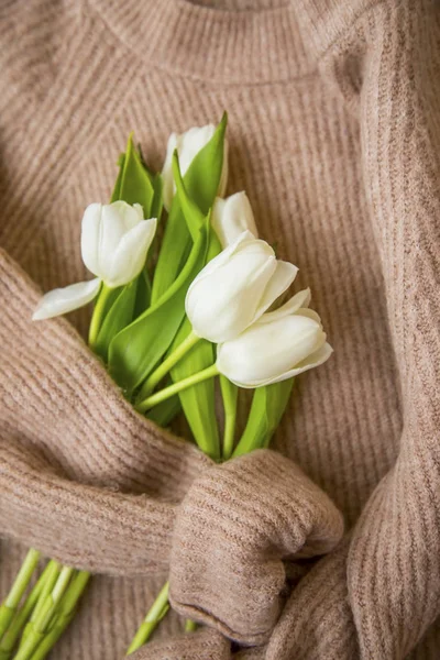 Buquê Tulipas Primavera Com Suéter Mulher Visão Superior Tulipas Brancas — Fotografia de Stock