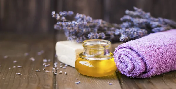 Lavanda Spa Olio Impostazione Spa Massaggi Olio Nature Morte Lavanda — Foto Stock