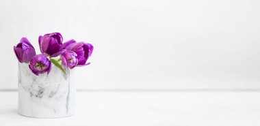 Beyaz arka planda, spri bir vazoda bahar mor Lale buketi