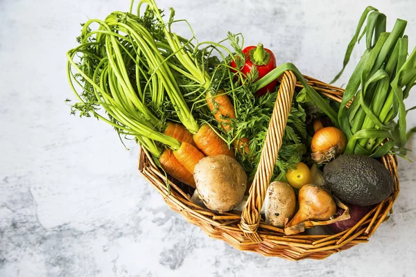 Vegetais biológicos saudáveis em uma cesta com cenouras, verduras , — Fotografia de Stock