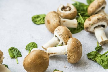 Ispanak yaprakları ile champignon mantar çekim, hala hayat, o