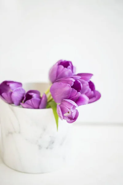 Paarse tulpen boeket in vaas stilleven — Stockfoto