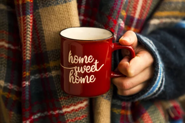 Cozy fall coffee cup, woman hands holding warm rustic autumn cof