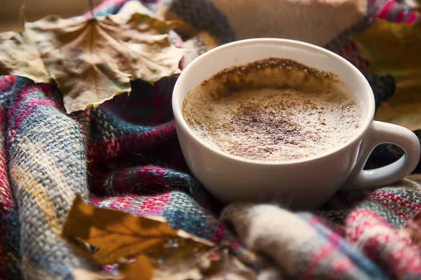 Copo de café outono com cobertor acolhedor e folhas secas, deco queda — Fotografia de Stock