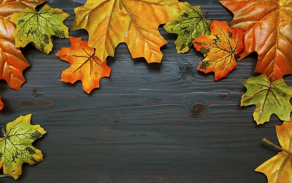 Herfst frame samenstelling met gedroogde bladeren op kopie ruimte houten — Stockfoto