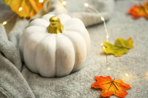 Herbst-Zierkürbis mit Lichtern und Blättern, Herbst-Stillleben — Stockfoto