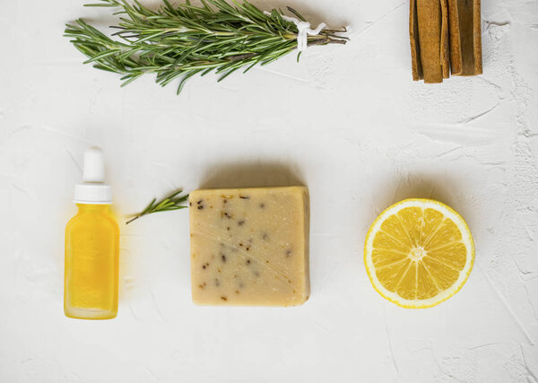 Top view of clean beauty and natural spa products with rosemary 