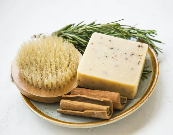 Clean beauty.Spa products with rosemary herb, natural cinnamon s — 스톡 사진