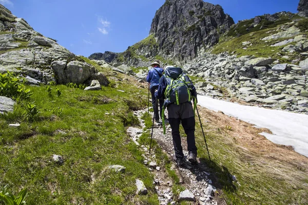 Wandelaars met rugzakken en wandelstokken wandelen naar de berg — Stockfoto