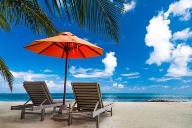 Lüks yaz tatil kavramı. Şezlong ve şemsiye ile palmiye ağaçları ve mükemmel deniz manzaralı, Web sitesi şablonu plaj ve kaçış için. Lüks seyahat etmek yaz tatil tasarımı