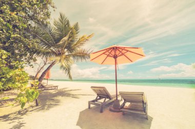 Muhteşem plaj. Sandalyeler denize yakın kumlu sahilde rahatlatıcı. Yaz tatil ve tatil kavramı Turizm için. İlham verici tropikal peyzaj