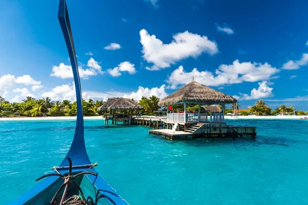 Concept Fond Des Maldives Bateau Traditionnel Dhoni Jetée Bois Île — Photo