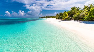 Plaj arka planında plaj manzarası, salıncak, hamak, beyaz kum ve plaj afişi için sakin deniz. Sahilde mükemmel bir tatil ve yaz tatili konsepti. Renk sürecini güçlendir