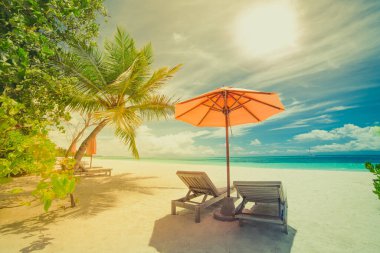 Klasik plaj manzarası, beyaz kumların üzerinde deniz manzaralı palmiye yaprakları, güneş ışınları. Sakin bir tatil, yaz tatili konsepti. Çiftler için geçmişe dönük filtre, sandalye ya da şezlonglar 