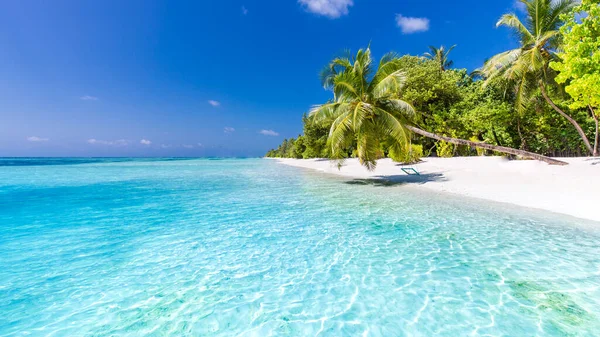 Plaj arka planında plaj manzarası, salıncak, hamak, beyaz kum ve plaj afişi için sakin deniz. Sahilde mükemmel bir tatil ve yaz tatili konsepti. Renk sürecini güçlendir