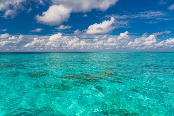 青い海の表面夏の波の背景 水平線上の雲とエキゾチックな水の風景 自然の熱帯の水の楽園 熱帯の自然のままの海ラグーン — ストック写真