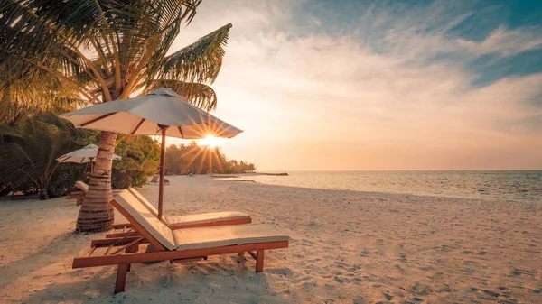 Красиві Тропічні Пейзажі Заходу Сонця Два Сонячні Ліжка Шезлонги Парасолька — стокове фото