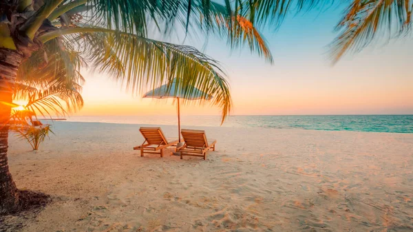 美丽的海滩背景 夏天的旅行与阳光 椰子树和沙滩木床 沙滩上美丽的蓝色大海和蓝天 夏日心情阳光沙滩背景概念 — 图库照片