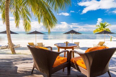 Güzel sahil. Deniz kenarındaki kumlu sahilde palmiye yapraklarının altında sandalyeler. Yaz tatili ve turizm için tatil konsepti. İlham verici tropikal manzara, deniz manzarası. Lüks seyahat, dinlendirici plaj