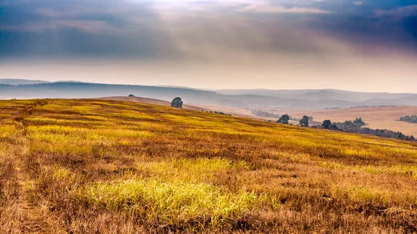 Autumn Hills Fog Morning Landscape Grass Meadow Sun Rays Hills — Stock Photo, Image