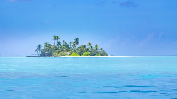 热带岛屿 海难的概念 深蓝色的海洋 无尽的海平线与棕榈树在白色沙滩上 异国情调 — 图库照片