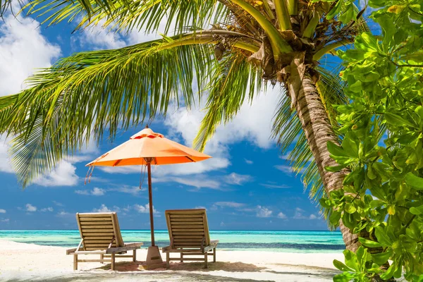 完璧な熱帯のビーチ 背景や壁紙のための牧歌的なパラダイスビーチの風景 夏休みの休暇のコンセプトのデザイン ヤシの葉の下の椅子は素晴らしい海の景色 — ストック写真