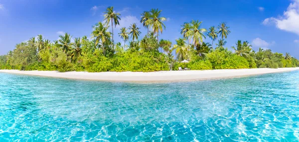 Panoramic Tropical Beach Coconut Palm Trees Amazing Blue Lagoon Indian — Stock Photo, Image