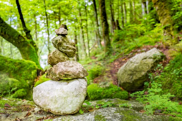 Piedras Equilibrio Montón Rocas Bosque Rocas Apiladas Parque Atardecer Con — Foto de Stock