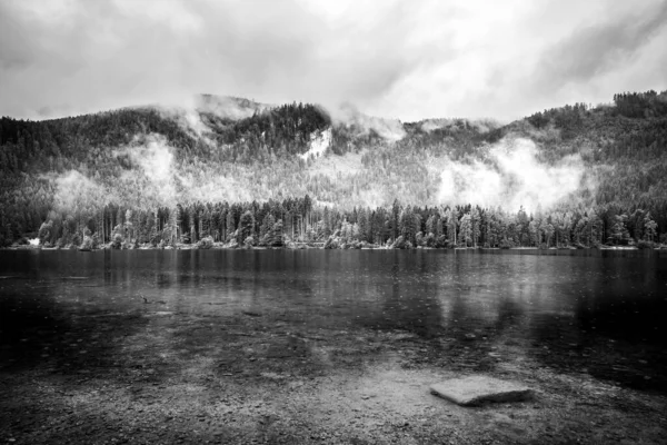 Black and white composition in high mountain forest with dark lake water. First light from the mountains reflects in valley lake, artistic nature landscape