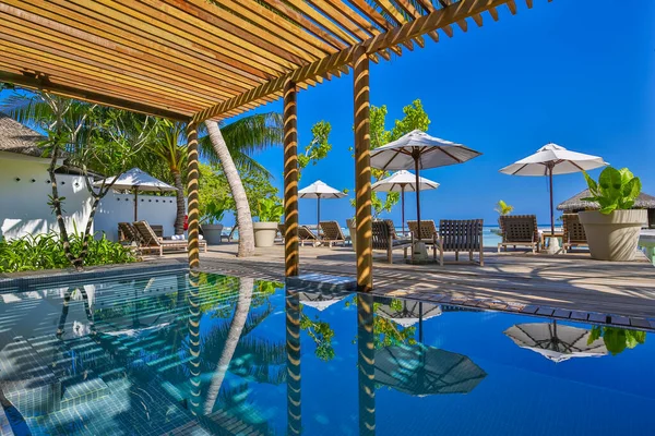 Beautiful Swimming Pool Loungers Umbrellas Infinity Pool Reflection Palm Trees — Stock Photo, Image