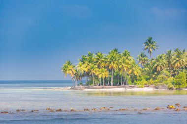Okyanustaki güzel yeşil ada. İnanılmaz palmiye ağaçları, deniz manzaralı sığ bir göl. Tropik cennet manzarası, egzotik seyahat tatil beldesi, macera, yaz havası..