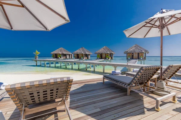 马尔代夫岛 豪华别墅和木制码头温泉浴场 美丽的天空和云彩 棕榈叶和海滩背景为暑假和旅行的概念 天堂落日景观 — 图库照片