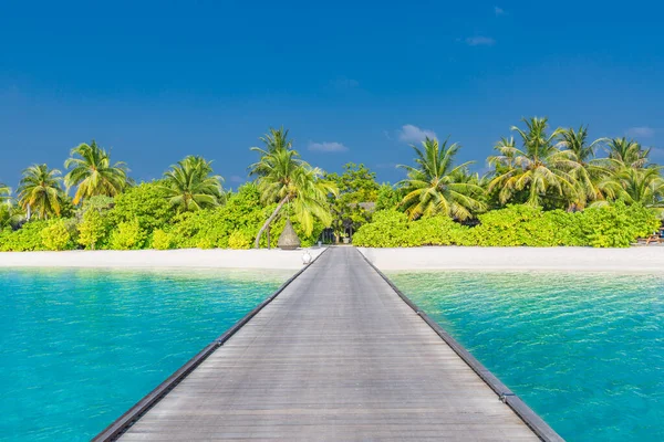 Солнечная Погода Мальдивах Роскошный Курортный Остров Деревянным Пирсом Пляжный Фон — стоковое фото
